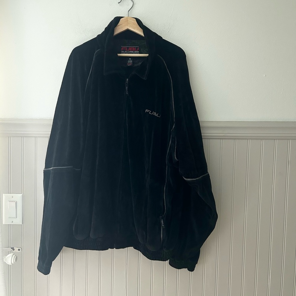 Y2K FUBU Men’s XXL Black Velour Track Jacket 90s Full Zip Retro Streetwear